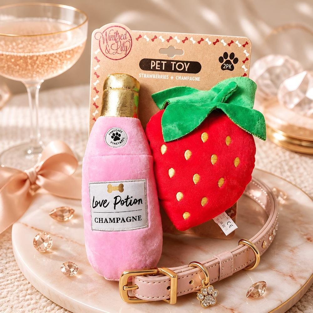Winifred & Lily Love Potion Champagne Strawberry Plush Squeaker Pet Dog Toy